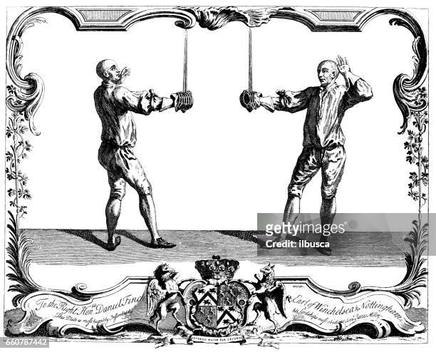 antique hobbies and sports illustration: fencing sword - fencing sport stock illustrations