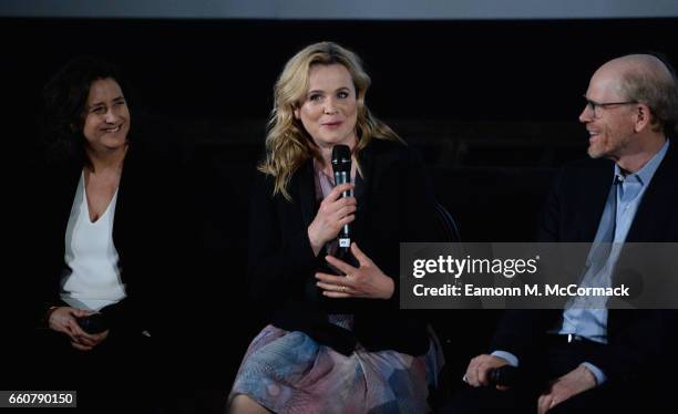 Executive producer Gigi Pritzker, actress Emily Watson and director and executive producer Ron Howard on stage during a Q&A session after the London...