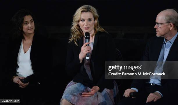 Executive producer Gigi Pritzker, actress Emily Watson and director and executive producer Ron Howard on stage during a Q&A session after the London...