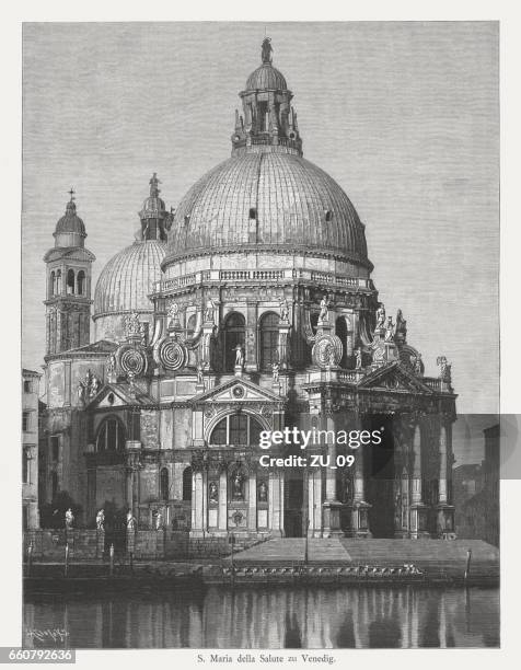 santa maria della salute, venice, italy, wood engraving, published 1884 - santa maria della salute stock illustrations