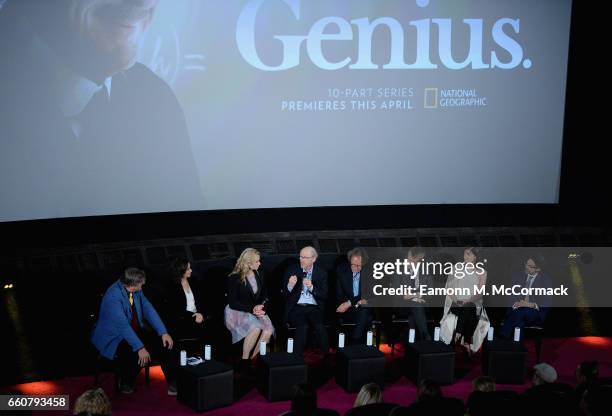 Host Stephen Fry with executive producer Gigi Pritzker, actress Emily Watson, director and executive producer Ron Howard, actors Geoffrey Rush,...