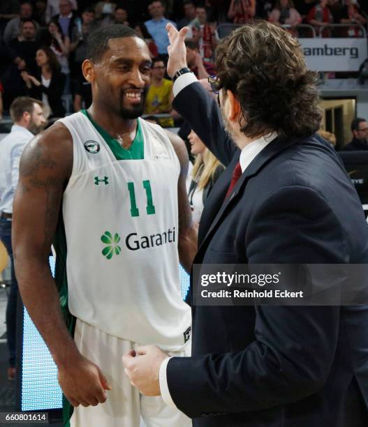 Bradley Wanamaker, #11 of Darussafaka Dogus Istanbul and Andrea Trinchieri, Head Coach of Brose Bamberg after the 2016/2017 Turkish Airlines...
