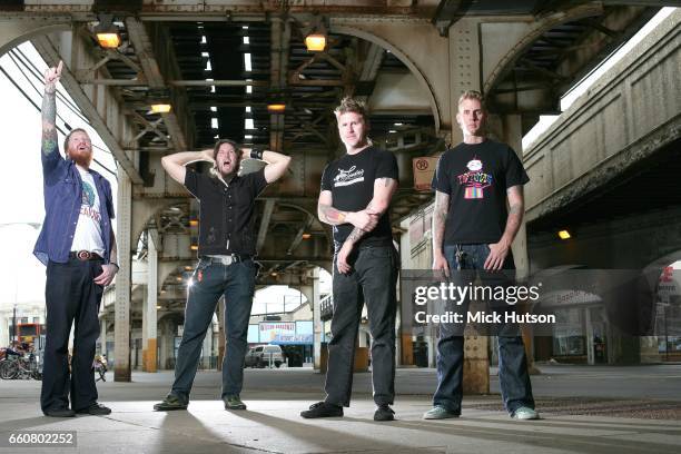 Mastodon, group portrait, Chicago, Illinois, United States, 20th June 2006. Line up includes: Brann Dailor, Brent Hinds, Bill Kelliher, Troy Sanders.