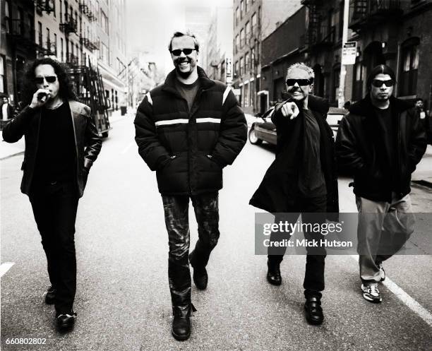 James Hetfield, Lars Ulrich, Kirk Hammett, Robert Trujilo of Metallica, New York, April 2003.