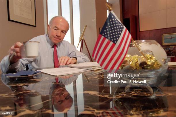 Enron CEO KEnneth Lay speaks during an interview in his office at the company's headquarters February 5, 1996 in Houston, Texas.