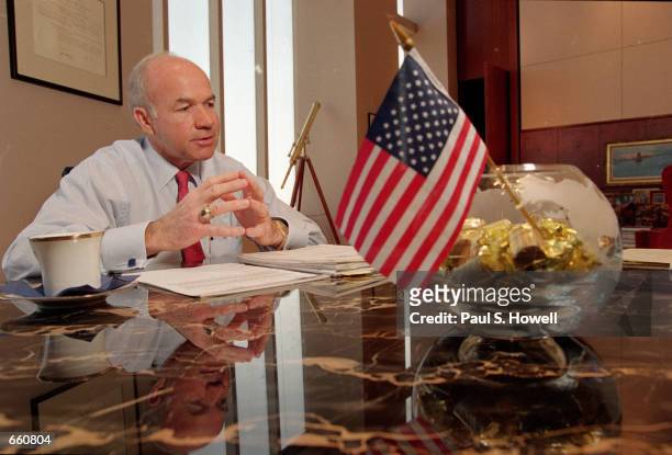 Enron CEO KEnneth Lay speaks during an interview in his office at the company's headquarters February 5, 1996 in Houston, Texas.