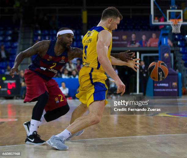 Gal Mekel, #9 of Maccabi Fox Tel Aviv competes with Tyrese Rice, #2 of FC Barcelona Lassa during the 2016/2017 Turkish Airlines EuroLeague Regular...