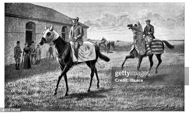 antique hobbies and sports illustration: horse racing - jockey isolated stock illustrations