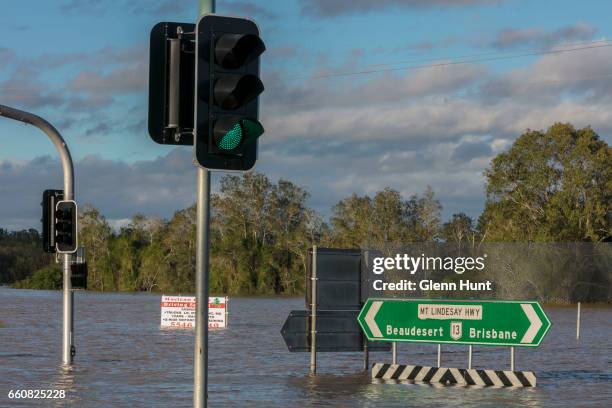 The Logan River near Beaudesert has broken it's banks and flooded surrounding areas on March 31, 2017 in Brisbane, Australia. Heavy rain has caused...