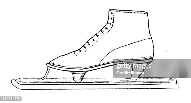 antique hobbies and sports illustration: norwegian ice skate - hockey skate stock illustrations