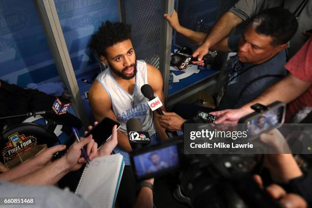 Joel Berry II of the North Carolina Tar Heels speaks during media availability for the 2017 NCAA Men's Basketball Final Four at University of Phoenix...