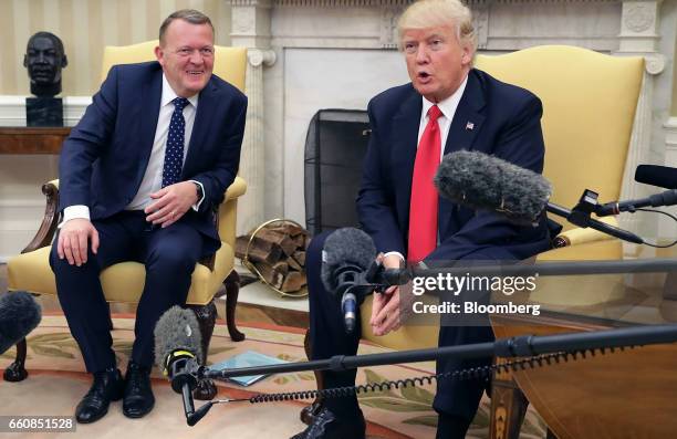 President Donald Trump, right, speaks with Lars Lokke Rasmussen, Denmark's prime minister, during a meeting in the Oval Office at the White House in...