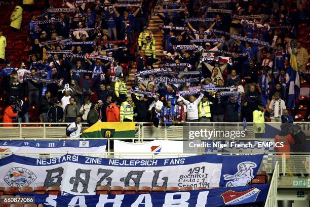 Banik Ostrava fans soak up the atmosphere at the Riverside Stadium