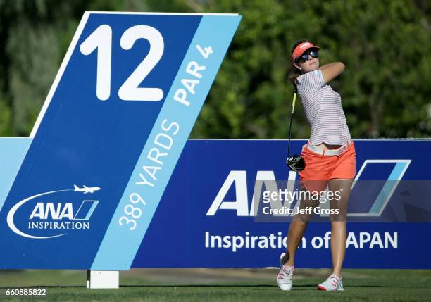 Paula Creamer plays her tee shot on the 12th hole during the first round of the ANA Inspiration at the Dinah Shore Tournament Course at Mission Hills...