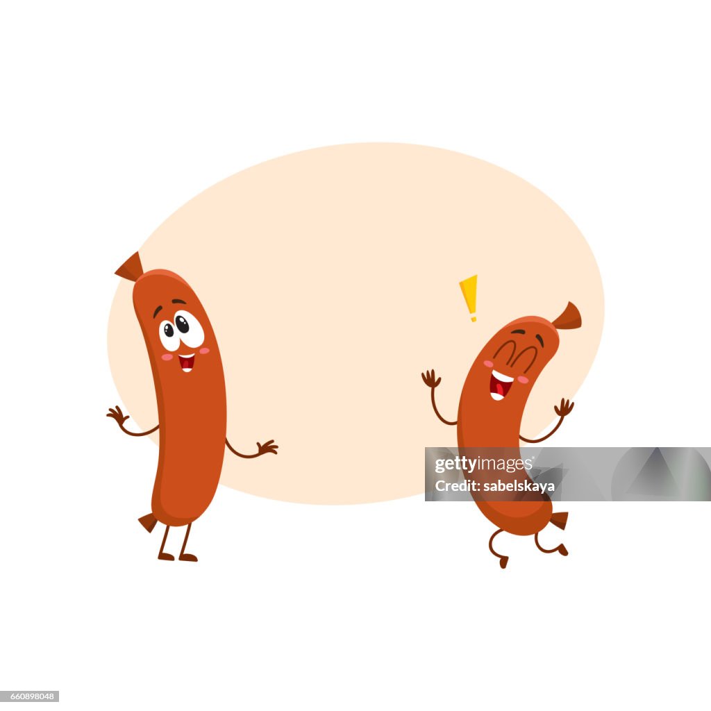 Two Funny Sausage Character With Human Face Running Jumping Excitedly  High-Res Vector Graphic - Getty Images
