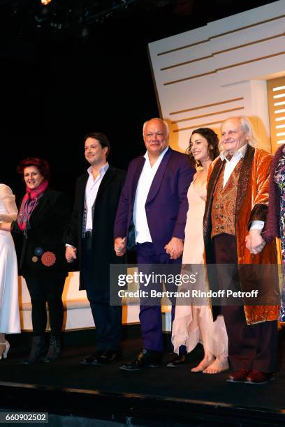 Stage Director Anne Bourgeois, Davy Sardou, Autor Eric-Emmanuel Schmitt, Noemie Elbaz and Jean-Paul Farre acknowledge the applause of the audience at...