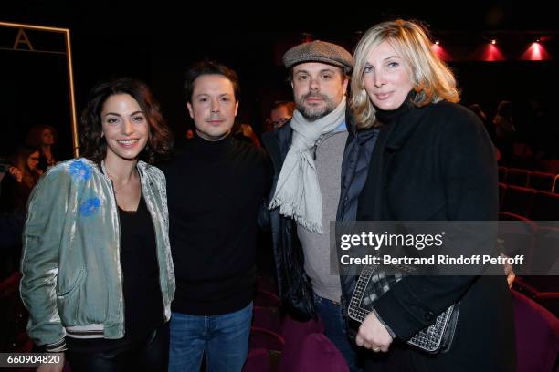 Noemie Elbaz, her husband Davy Sardou, Romain Sardou and his wife Francesca Sardou attend the "Hotel des deux mondes" Theater Play at Theatre Rive...