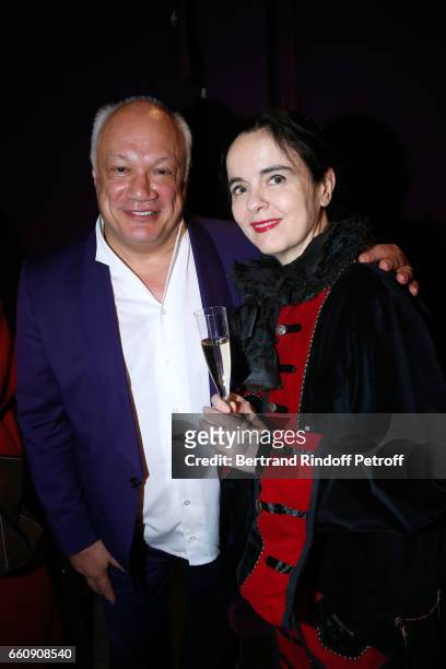 Autor of the piece Eric-Emmanuel Schmitt and Amelie Nothomb attend the "Hotel des deux mondes" Theater Play at Theatre Rive Gauche on January 26,...