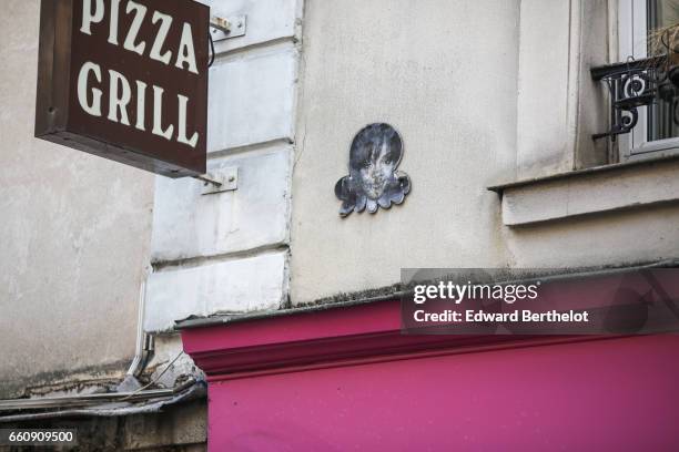 Street art graffiti representing an octopus by artist GZUP is seen in Rue Vieille du Temple, in the 4th quarter of Paris, on March 26, 2017 in Paris,...
