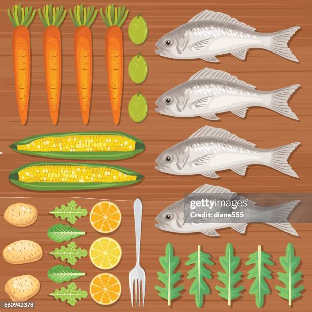 stockillustraties, clipart, cartoons en iconen met vers voedsel flatlays of knolling concepten. - seafood platter