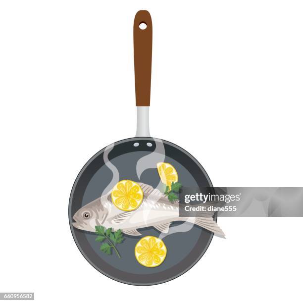 fresh fish cooking in a frying pan on white background. - white fish pan stock illustrations
