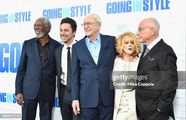 Morgan Freeman, Zach Braff, Michael Canie, Ann-Margret, and Alan Arkin attend the "Going In Style" New York Premiere at SVA Theatre on March 30, 2017...