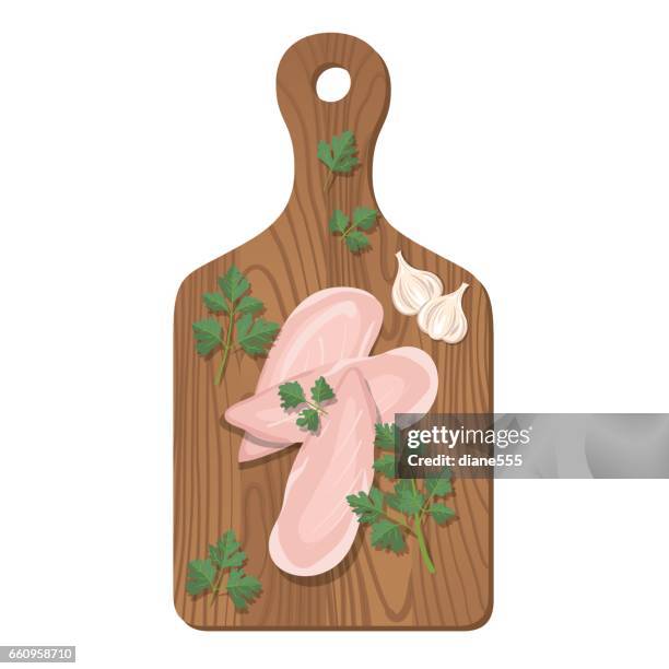 fresh chicken breasts on a cutting board on white background. - chicken fillet stock illustrations