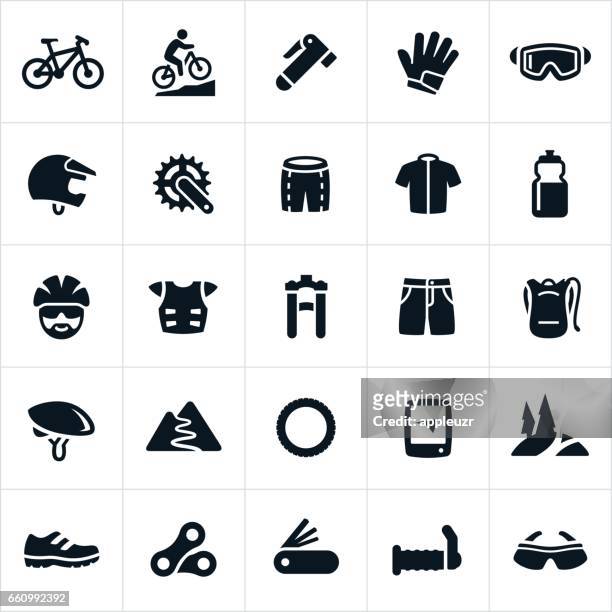 ilustraciones, imágenes clip art, dibujos animados e iconos de stock de iconos de ciclismo de montaña - bici de montaña