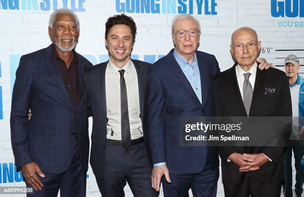 Actor Morgan Freeman, director/actor Zach Braff, actors Michael Caine and Alan Arkin attend the "Going In Style" New York premiere at SVA Theatre on...