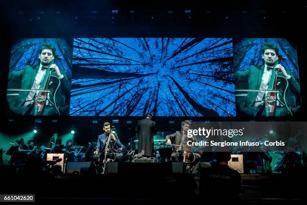 Croatian cello duo 2Cellos, consisting of classically trained Stjepan Hauser and Luka Šulić , perform on stage on March 30, 2017 in Milan, Italy.