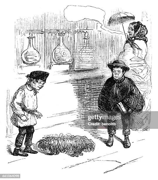 boys looking at yorkshire terrier - store window stock illustrations