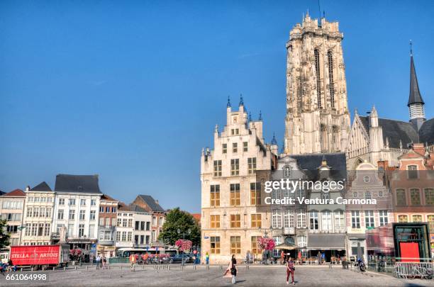 cathedral and grote markt (large market square) in mechelen, belgium - städtischer platz fotografías e imágenes de stock