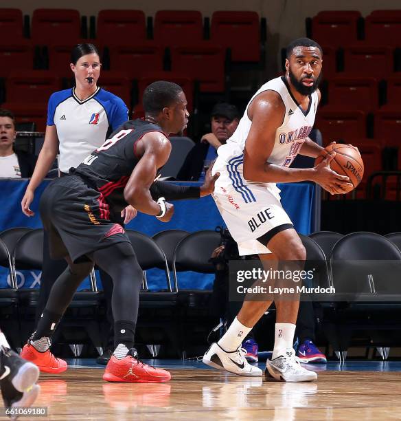 Bubu Polk of the Sioux Falls Skyforce defends against Reggie Williams of the Oklahoma City Blue during an NBA D-League game on March 30, 2017 at the...