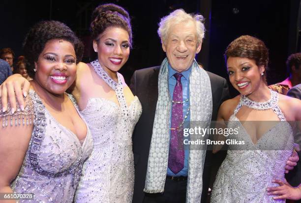 Amber Riley as Effie White, Liisi LaFontaine as Deena Jones, Sir Ian McKellen and Asmeret Ghebremichael as Lorell Robinson pose backstage at the hit...