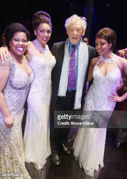 Amber Riley as Effie White, Liisi LaFontaine as Deena Jones, Sir Ian McKellen and Asmeret Ghebremichael as Lorell Robinson pose backstage at the hit...