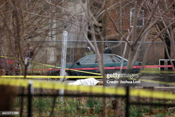 Body covered in a white sheet is surrounded by crime scene tape where four people were shot and killed at a restaurant in the 2700 block of East 75th...