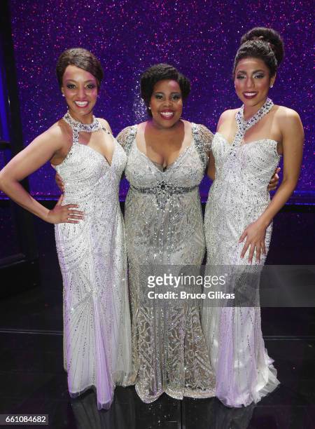 Asmeret Ghebremichael as Lorell Robinson, Amber Riley as Effie White and Liisi LaFontaine as Deena Jones pose backstage at the hit musical...