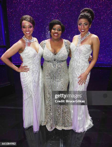 Asmeret Ghebremichael as Lorell Robinson, Amber Riley as Effie White and Liisi LaFontaine as Deena Jones pose backstage at the hit musical...