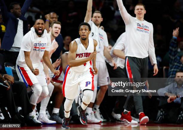 The Detroit Pistons bench reacts after a late three point basket by Ish Smith while playing the Brooklyn Nets at the Palace of Auburn Hills on March...
