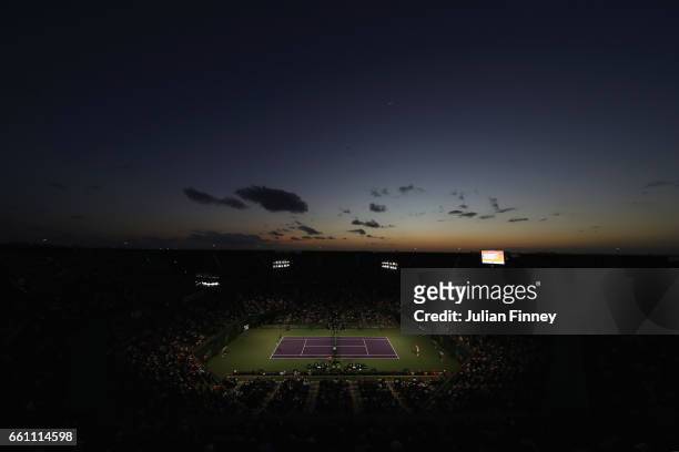 General view of Alexander Zverev of Germany against Nick Kyrgios of Australia at Crandon Park Tennis Center on March 30, 2017 in Key Biscayne,...