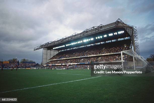 View of the East Stand of Chelsea's Stamford Bridge ground, built in 1973, packed with fans during a Chelsea Football Club home game in London in...