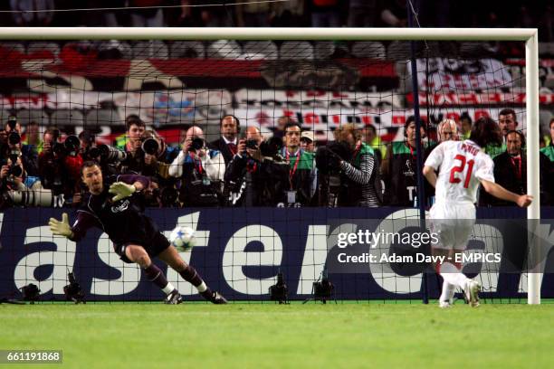 Milan's Andrea Pirlo sees his penalty saved by Liverpool's Jerzy Dudek