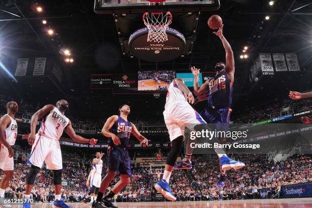 Alan Williams of the Phoenix Suns shoots the ball during the game against the Los Angeles Clippers on March 30, 2017 at U.S. Airways Center in...