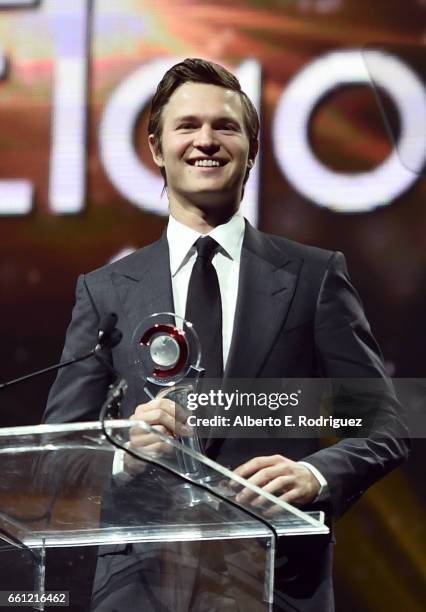 Actor/recording artist Ansel Elgort accepts the Male Star of Tomorrow Award onstage at during the CinemaCon Big Screen Achievement Awards brought to...