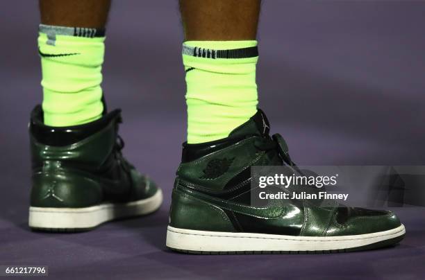 Shot of Nick Kyrgios of Australia's casual shoes after his win against Alexander Zverev of Germany at Crandon Park Tennis Center on March 30, 2017 in...