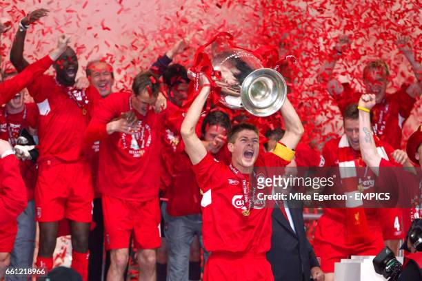 Liverpool captain Steven Gerrard celebrates with Champions League trophy