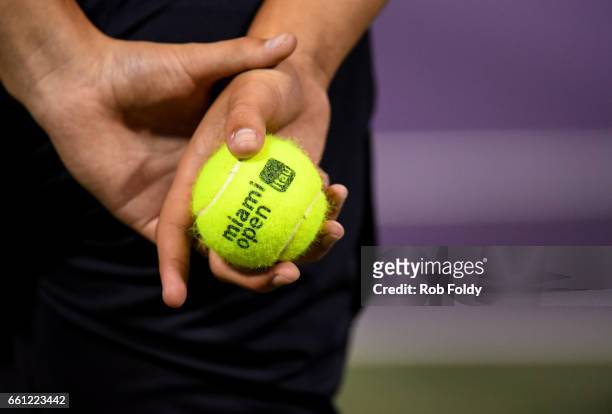 Detailed view of a tennis ball on day 11 of the Miami Open at the Crandon Park Tennis Center on March 30, 2017 in Key Biscayne, Florida.