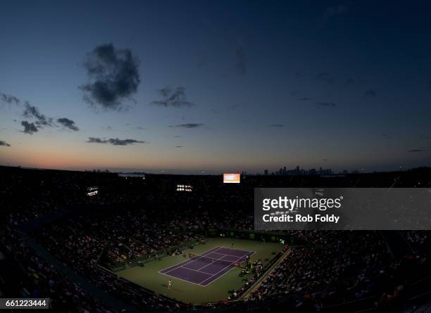 General view of the quarterfinals match between Alexander Zverev of Germany and Nick Kyrgios of Australia on day 11 of the Miami Open at the Crandon...