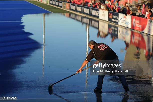 Burst water main during the 2017 Festival of Hockey match between the New Zealand Black Sticks and Japan forces the game to stop on March 31, 2017 in...