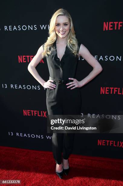 Actress Greer Grammer attends the premiere of Netflix's "13 Reasons Why" at Paramount Pictures on March 30, 2017 in Los Angeles, California.